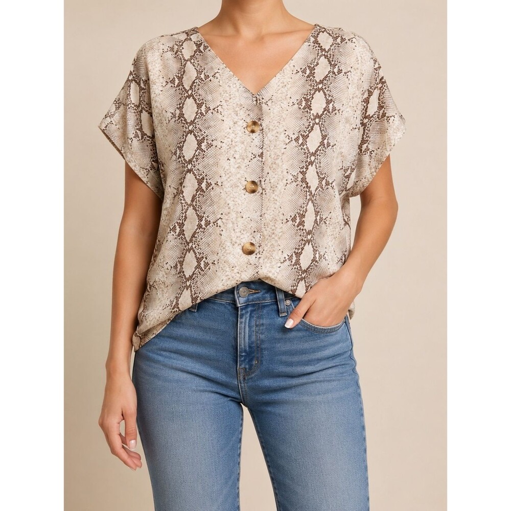 Entro Snakeskin Print Blouse Women's Large Beige Brown V-Neck Dolman Short Sleev